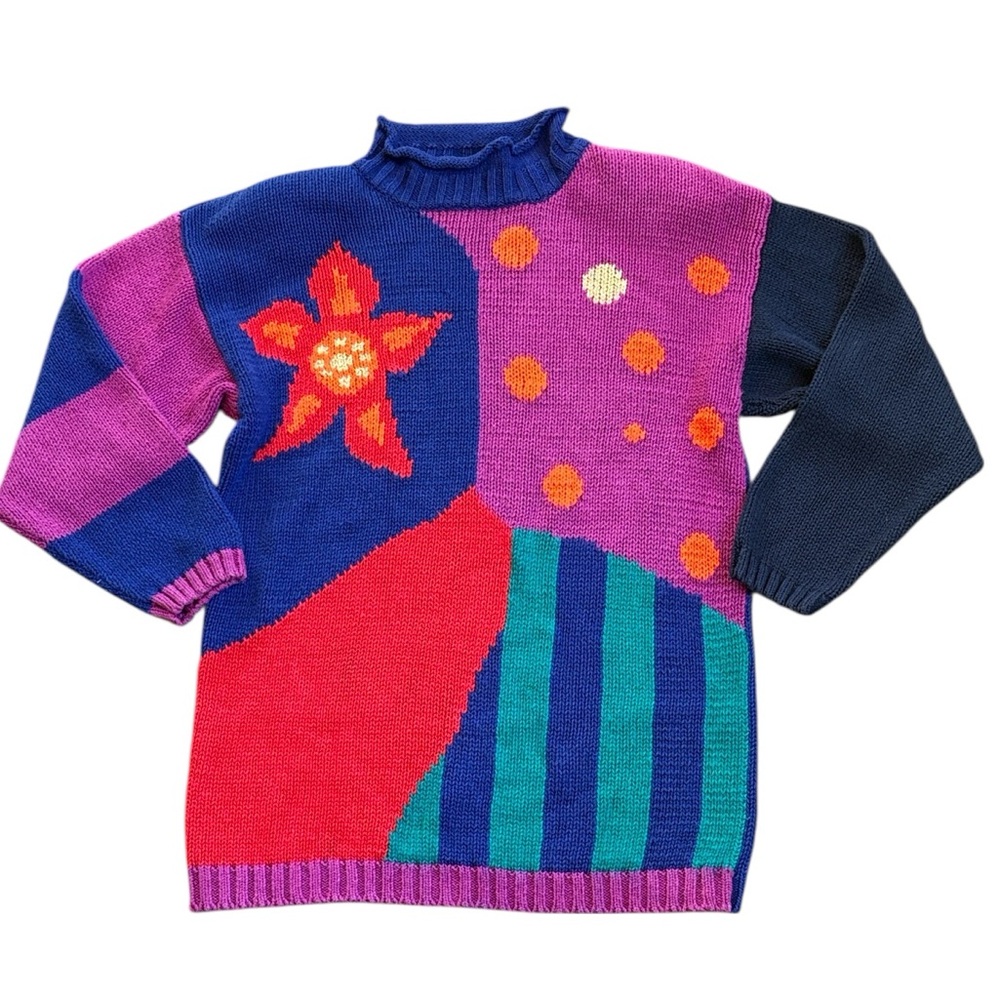 Vintage Pasta Color Block Sweater Wonen’s M Multi Colored Stripes Floral 80s
